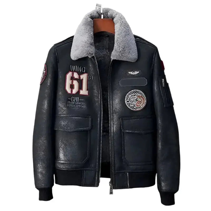 Mens Gray Sheepskin Shearling Flight Jacket