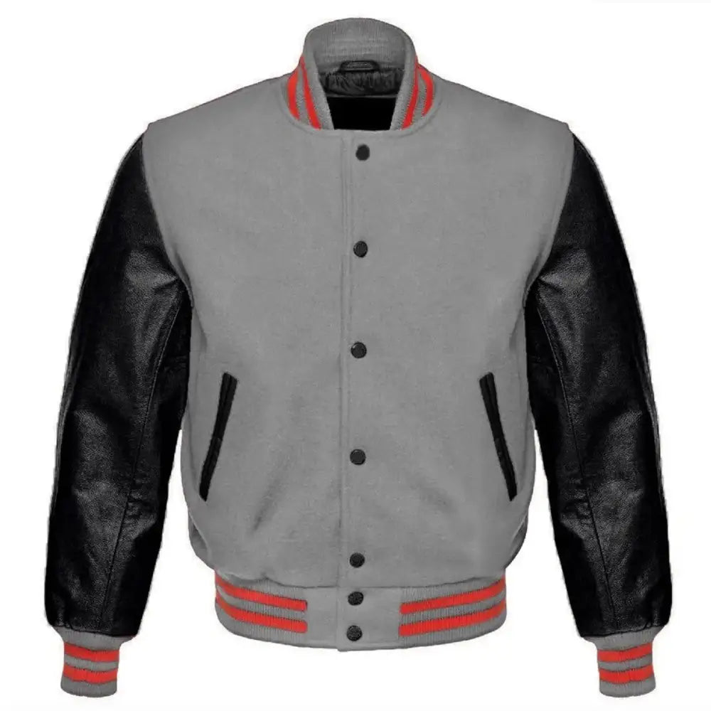 Mens Gray Wool Varsity Bomber Jacket