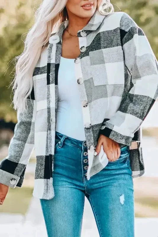 Plaid Color Block Button Down Jacket