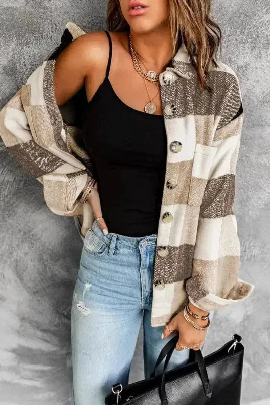 Plaid Color Block Button Down Jacket