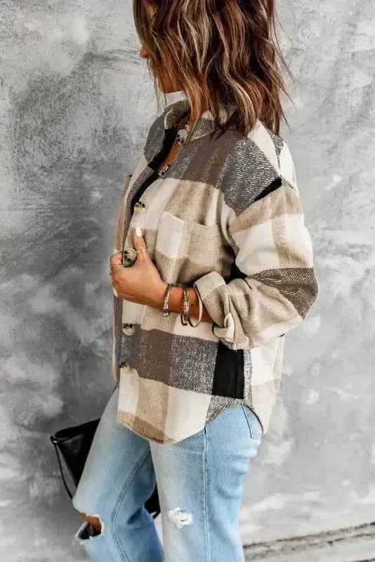 Plaid Color Block Button Down Jacket