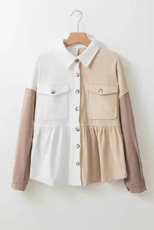 Khaki Corduroy Colorblock Button up Loose Shacket