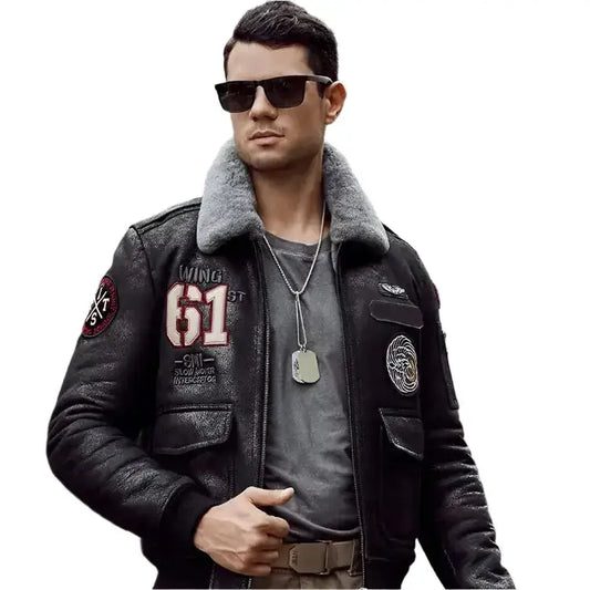 Mens Gray Sheepskin Shearling Flight Jacket