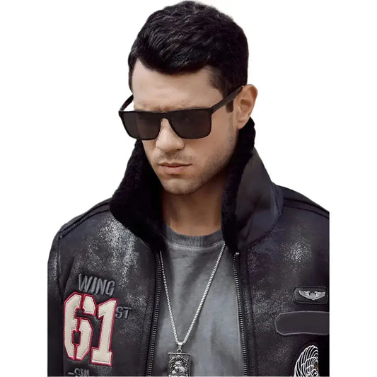 Mens Black Sheepskin Shearling Aviator Jacket